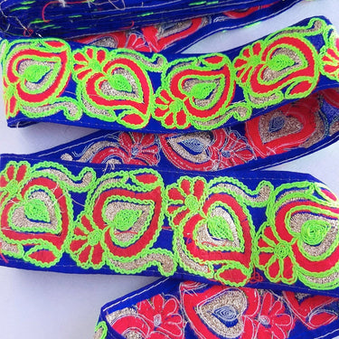 Royal Blue Art Silk Fabric Trim With Neon Green, Red & Gold Floral Embroidery, Indian